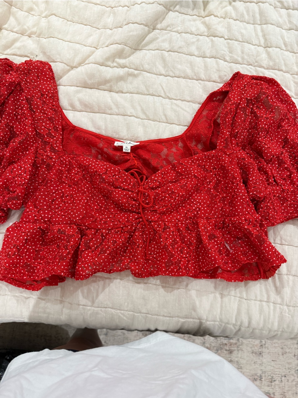 For Love & Lemons Red Polka Dot Mesh Crop Top